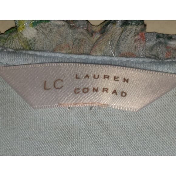 Powder Blue Babydoll Top Blouse LAUREN CONRAD Cottage Core Floral Pastel L - Picture 7 of 16